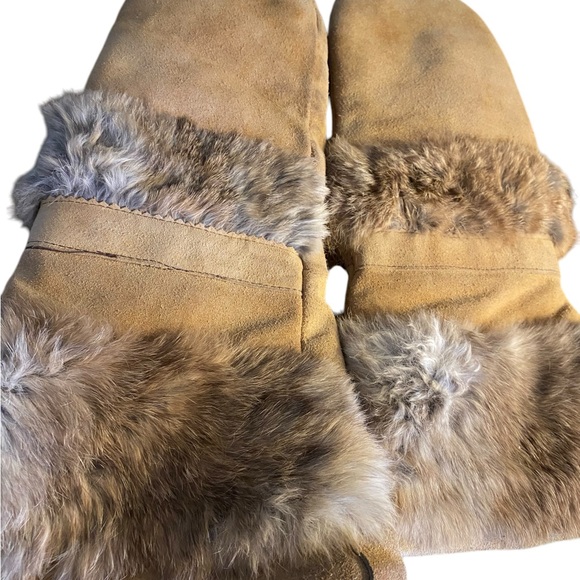 Vintage Alaskan Eskimo Tan Suede Mittens with Fur Trim L/XL men’s hunter work - Picture 1 of 5